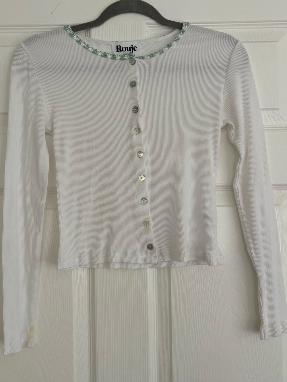 Rouje White Cotton Ribbed Cardigan with Floral Ribbon Trim